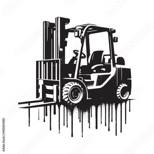 Forklift illustration in minimalist stencil style with dripping grunge effect