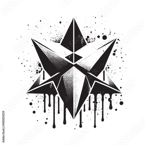Geometric star in monotone stencil with spray paint drips and cutout style
