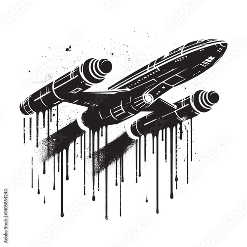 Futuristic spaceship hull art in grunge stencil style with dripping paint
