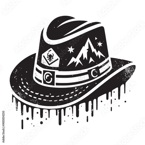 Graphic adventure hat with mountain design dripping in stencil style art
