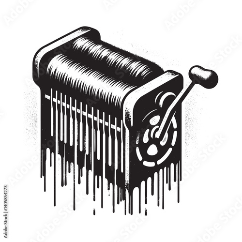 Graphic stencil art of a vintage wool carding machine with spray drips