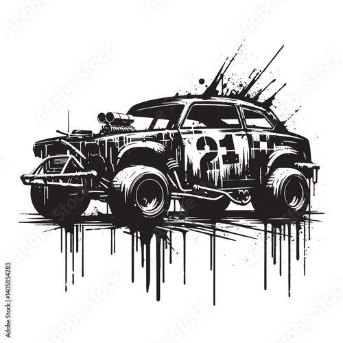 Gritty Demolition Derby Car Illustration in Black and White Vector Style