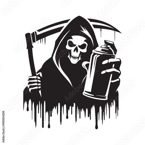 Grim Reaper holding a spray paint can in grungy stencil style illustration
