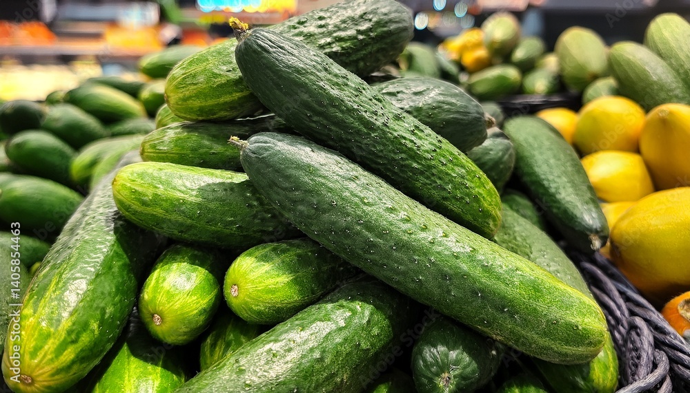 A pile of very delicious exotic vegetables cucumber in a grocery A pile of very delicious exotic vegetables cucumber in a grocery