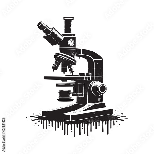 Grunge Style Microscope Illustration with Dripping Paint Effect on White