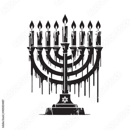 Grunge styled menorah silhouette with dripping wax design on white background
