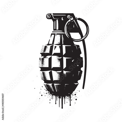 Grungy hand grenade illustration with stencil effect on plain background
