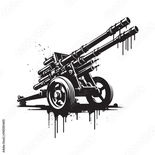 Grungy illustration of vintage artillery gun with dripping paint effects