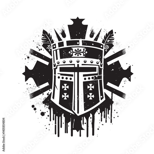 Heraldic Crest of Medieval Knightly Order in Black and White Grunge Style