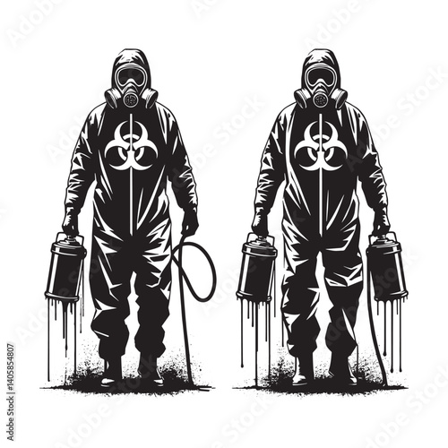 Hazmat suits in stencil style, flat, dripping spray, grunge, minimalist, vector, bw, cutout, isolated white3212