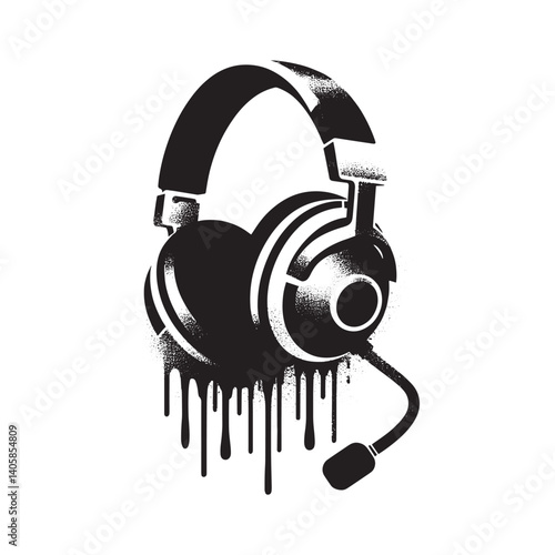 Headphones in monochromatic stencil art style with dripping paint detail isolated on white