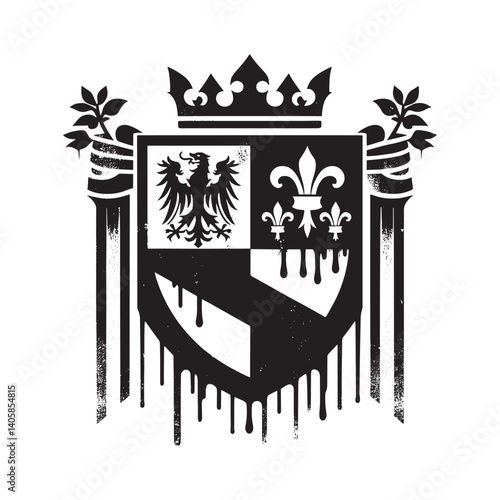 Heraldic crest with royal crown in abstract grunge monochrome vector style
