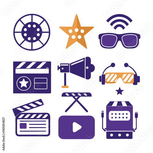 Movie making, cinema, film production icons in vector form