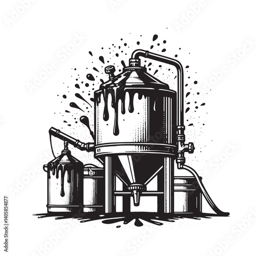 Industrial chiller system illustration in bold stencil art, dripping liquid