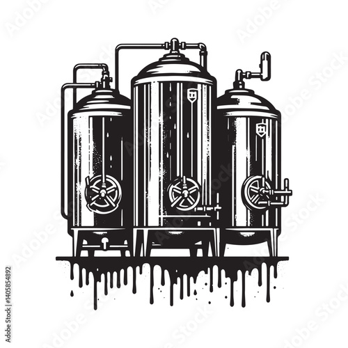 Industrial liquid tanks illustration in monochrome grungy stencil style