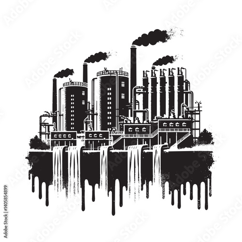 Industrial Landscape Desalination Plant Illustration with Grunge and Dripping Effect