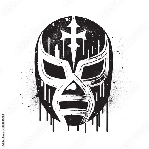 Lucha Libre Mask in Rough Stencil Style with Grunge and Drip Effect