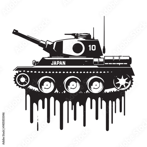 Japanese Type 10 Tank Graphic in Stencil Style with Grunge Drips
