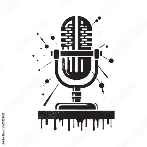 Minimalist podcast microphone with grunge spray paint and drip effect design