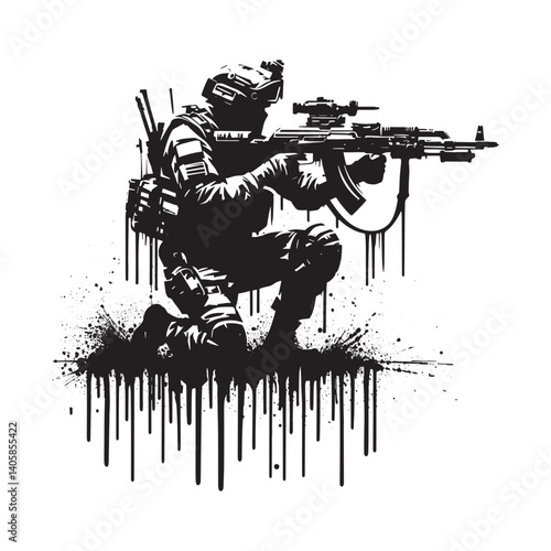 Modern infantry combat system vector illustration in a stencil style design