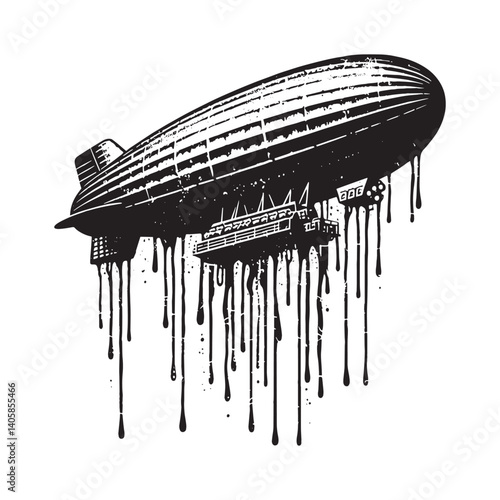 Monochromatic airship illustration featuring dripping paint effect art style