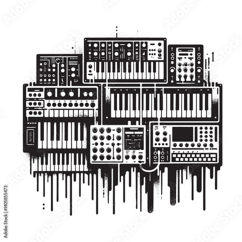 Modular synthesizer arrangement illustration dripping paint grungy effect design