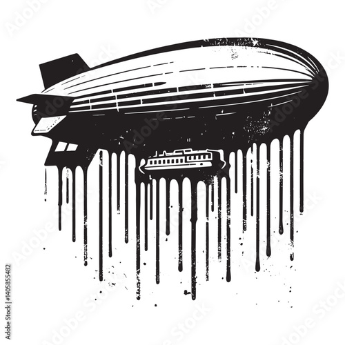 Monochromatic airship with dripping paint effect on isolated white background