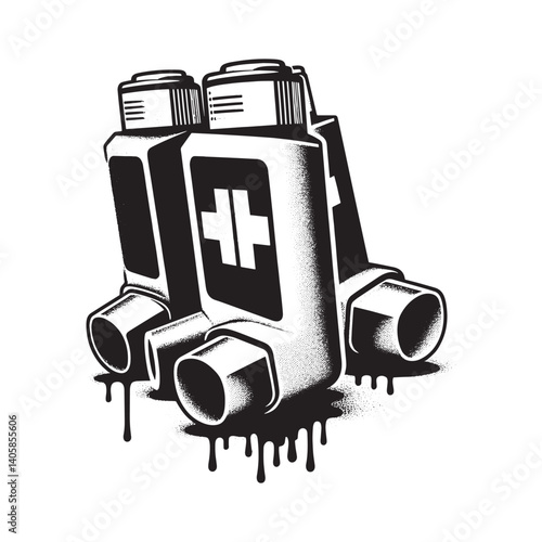 Monochromatic stencil illustration featuring smart inhalers with dripping spray effects