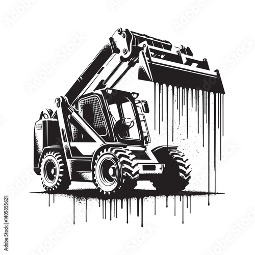 Monochromatic Telehandler Illustration with Textured Spray and Grunge Effects