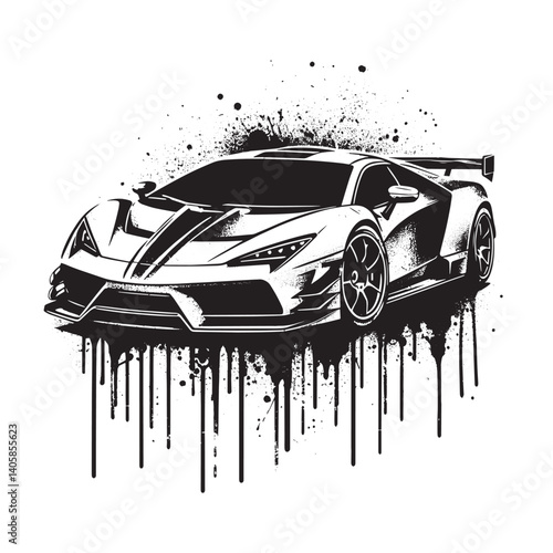 Monochromatic Supercar Silhouette with Expressive Dripping and Grungy Texture