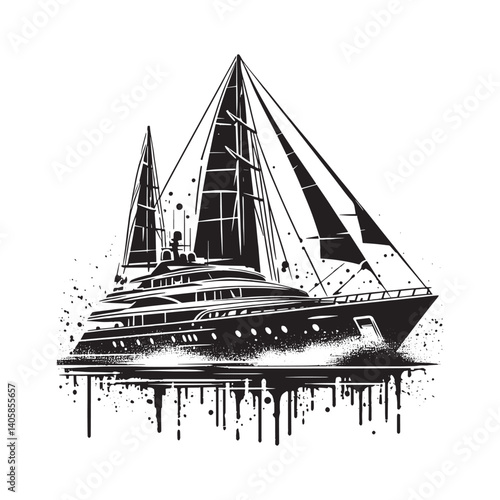 Monochromatic Yacht Illustration with Spray Paint Grunge and Abstract Sail Design