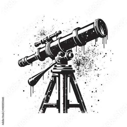 Monochrome Abstract Telescope Illustration with Drips and Grunge Effect