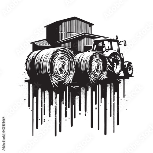Monochrome agricultural scene with hay bales barn and tractor vector style
