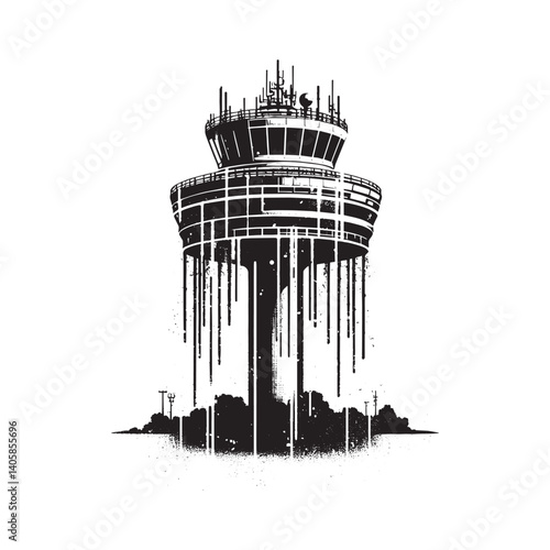 Monochrome Air Traffic Control Tower Depicted with Grunge Stencil Effect