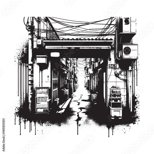 Monochrome Alleyway Illustration with Grunge and Spray Paint Effects