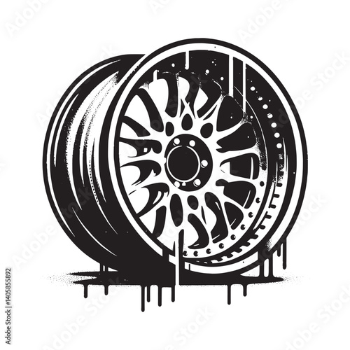 Monochrome automotive rim concept with abstract spray paint design