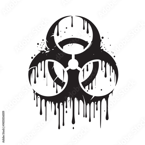 Monochrome biohazard icon with dripping paint effect, isolated on white background