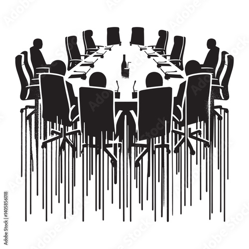 Monochrome boardroom meeting illustration in grunge dripping style