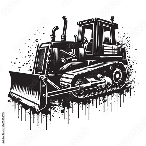 Monochrome bulldozer vector illustration with grunge spray paint style
