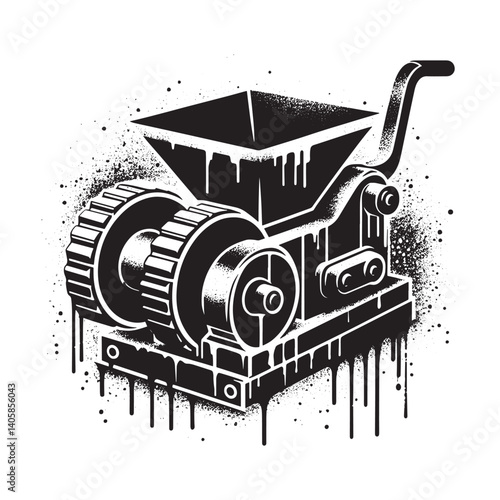 Monochrome Clinker Crusher Illustration with Stencil Effects and Grunge Details
