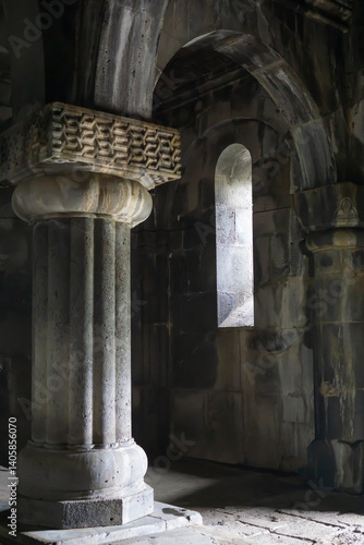 Fragment of a hall of a medieval stone monastery in Armenia