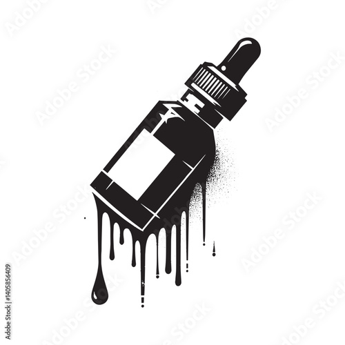 Monochrome dropper bottle with dripping liquid in stencil vector style