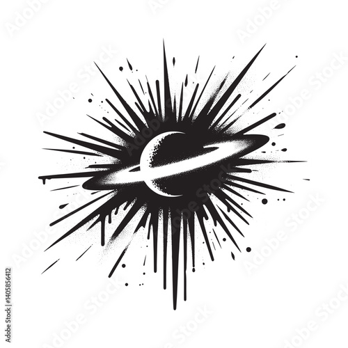 Monochrome depiction of a ringed planet with dynamic spray effect design