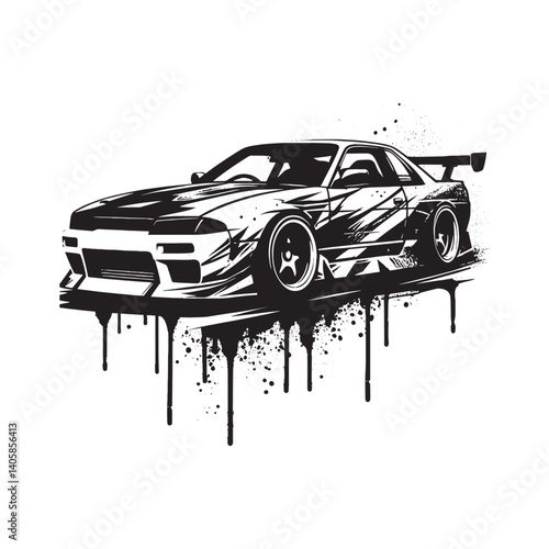 Monochrome drifting sports car illustration with stencil design style