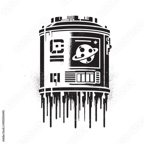 Monochrome digital artwork of space cryogenic storage in modern stencil style