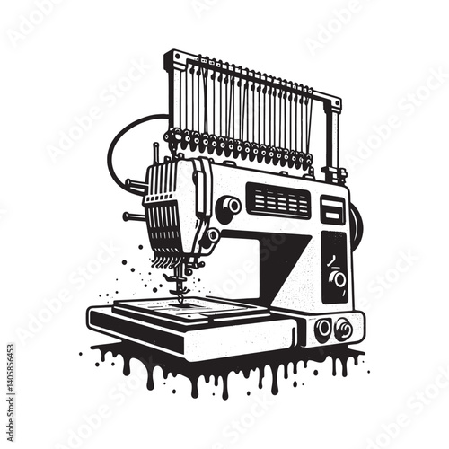 Monochrome embroidery machine with grunge and stencil graphic style