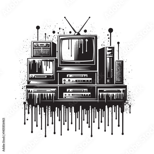 Monochrome entertainment center ensemble with grunge dripping aesthetic