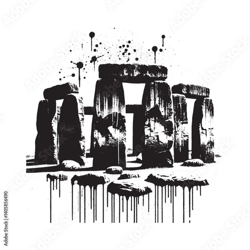 Monochrome Enigmatic Stone Circle Artistry with Drip Paint Element