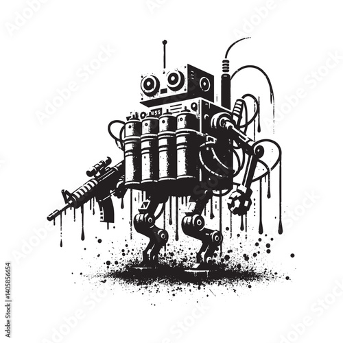 Monochrome graffiti art featuring robotic warrior holding assault weapon