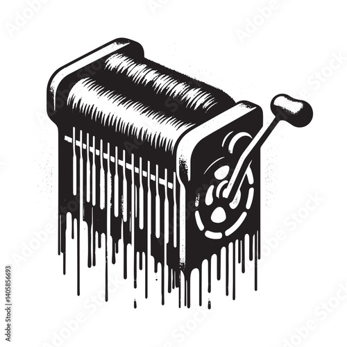 Monochrome graphic wool carding machine in a stylized dripping stencil